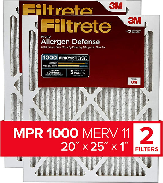 20X25X1, AC Furnace Air Filter, MPR 1000, Micro Allergen Defense, 2-Pack (Exact Dimensions 19.688 X 24.688 X 0.84)