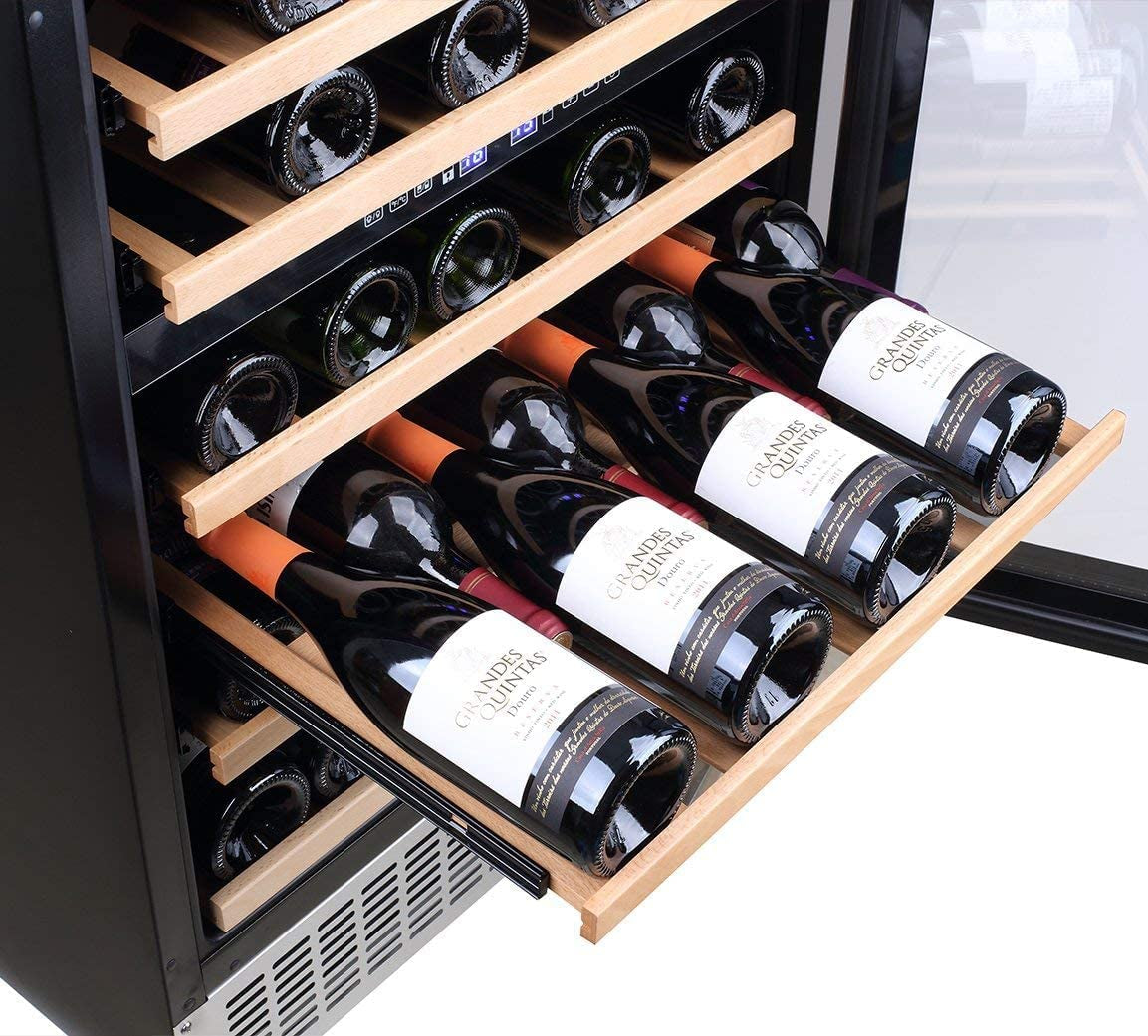 【Upgraded】 24 Inch Dual Zone Wine Cooler 46 Bottle Freestanding and Built in Wine Refrigerator with Advanced Cooling System, Quiet Operation, Blue Interior Light | Easily Store Larger Bottles