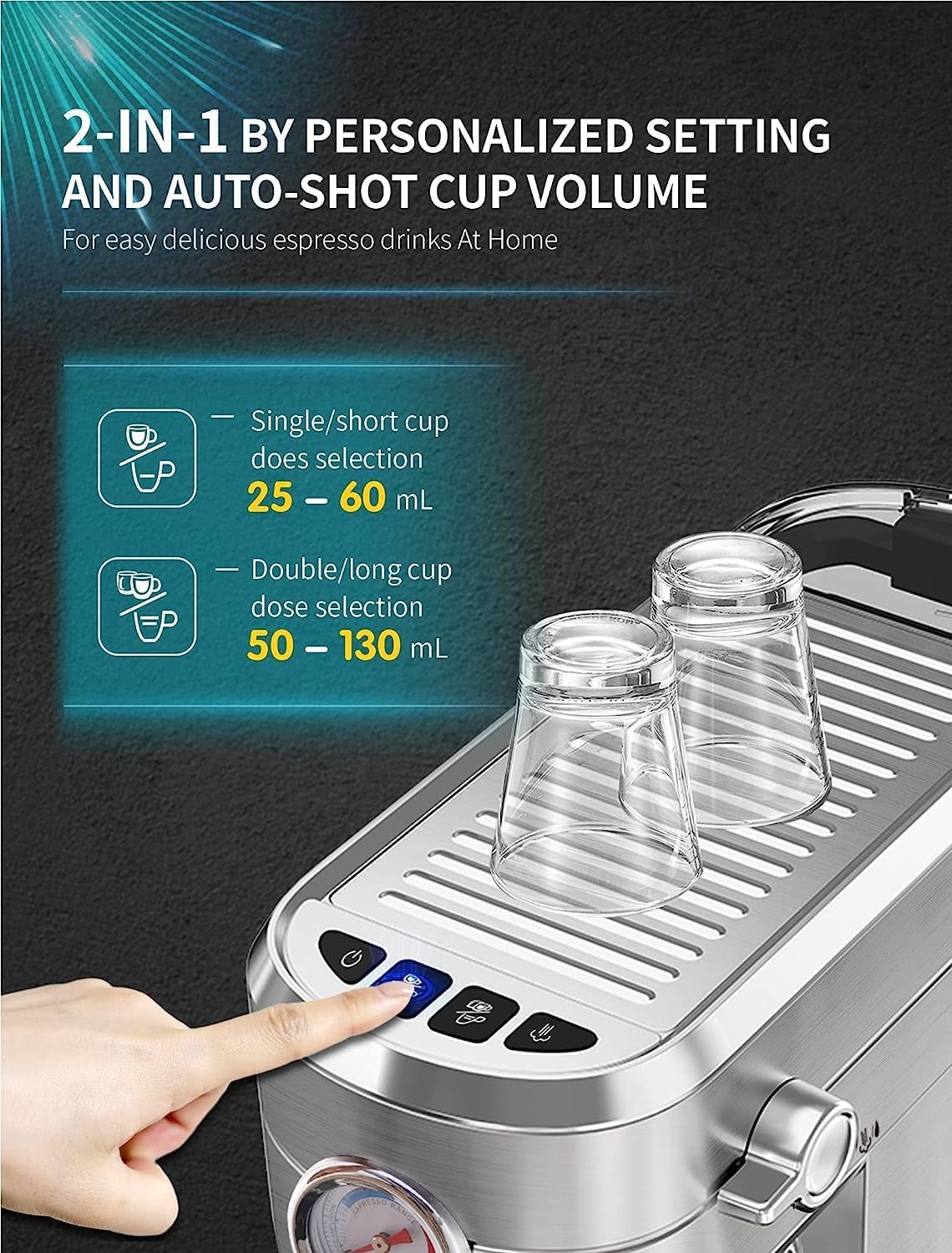 20 Bar Compact Professional Espresso Coffee Machine with Milk Frother/Steam Wand for Espresso, Latte and Cappuccino, Stainless Steel, 35 Oz Removable Water Tank