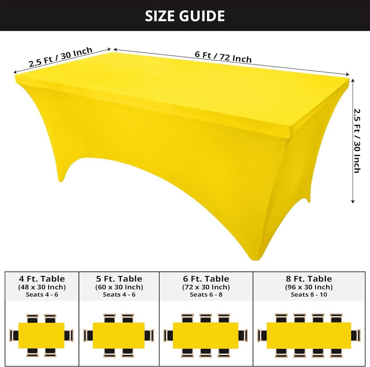 Spandex Tablecloth 2 Pack [6FT, Yellow] Tight, Fitted, Washable and Wrinkle Resistant Stretch Rectangular Patio Table Cover for Event, Wedding, Banquet & Parties [72Lx30Wx30H Inch]