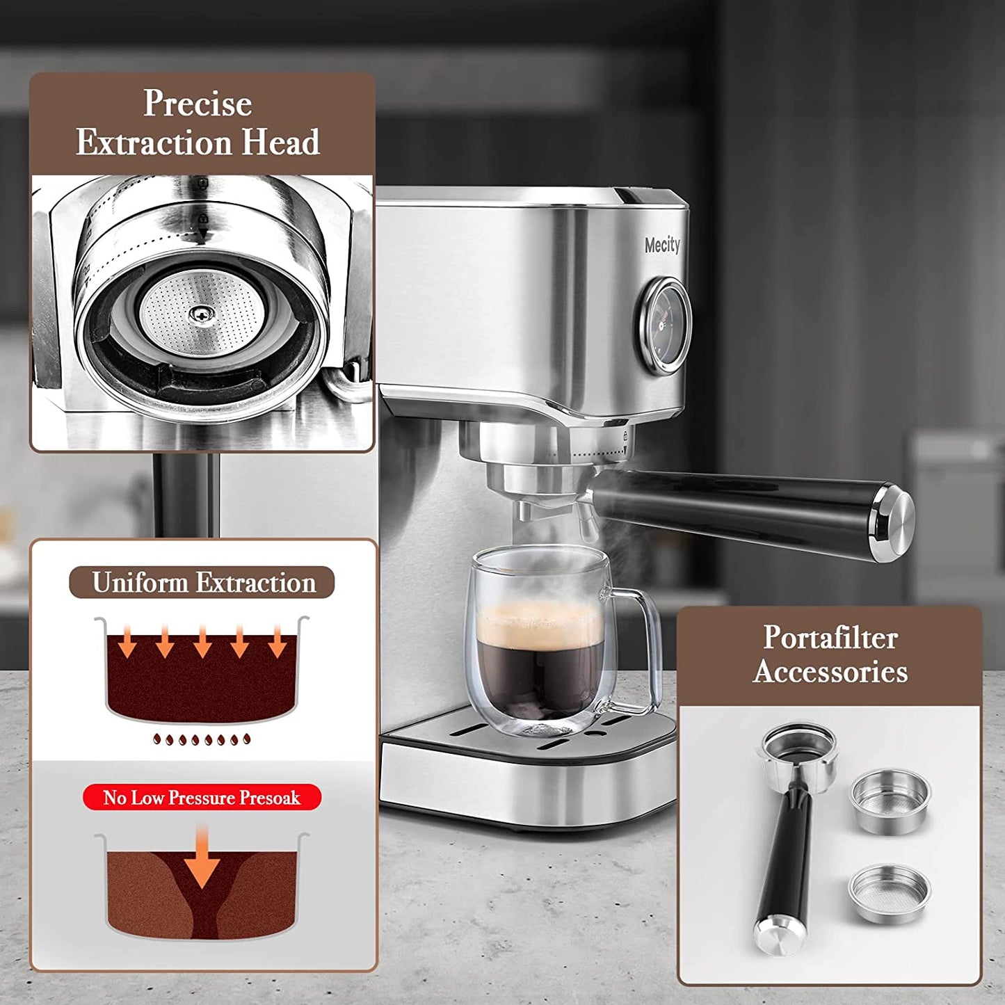 20 Bar Espresso Machine, Professional Cappuccino Maker with Milk Frother Steam Wand, Brushed Stainless Steel Coffee Machine 37 Oz Removable Water Reservoir, 1350W