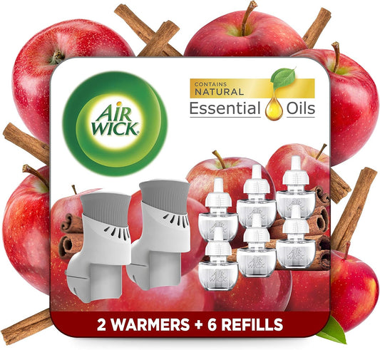 Plug in Scented Oil Starter Kit, 2 Warmers + 6 Refills, Apple Cinnamon, Fall Scent, Fall Spray, Eco Friendly, Essential Oils, Air Freshener