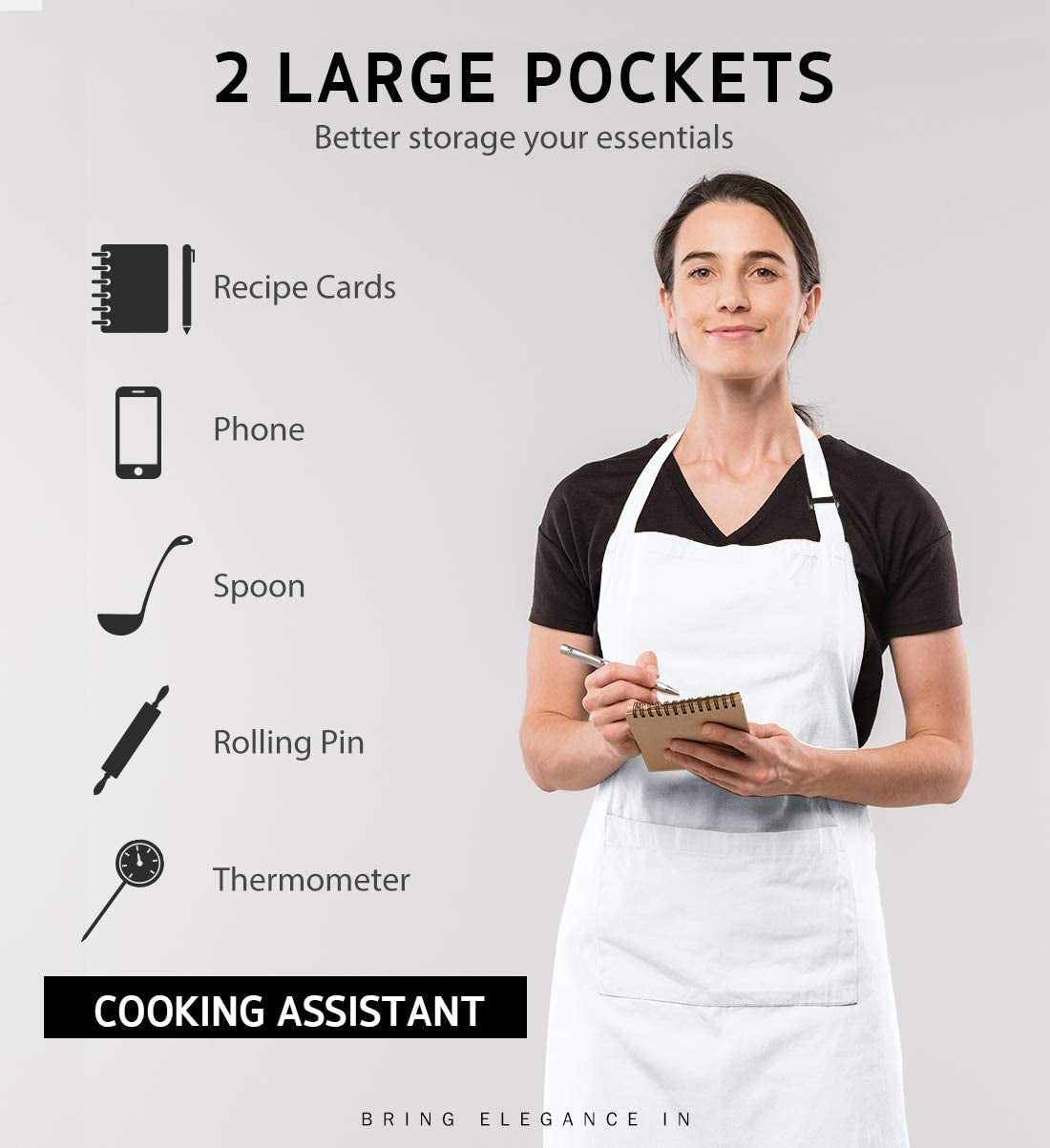 2 Pack Adjustable Bib Apron Thicker Version Waterdrop Resistant with 2 Pockets Cooking Kitchen Aprons for Women Men Chef, White & Black