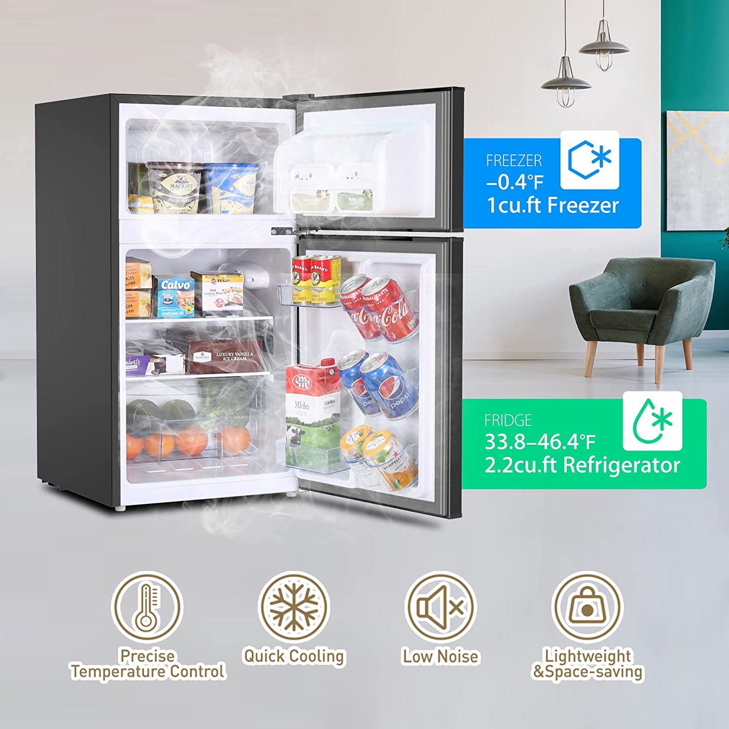 3.0 Cu.Ft Compact Refrigerator with 2 Doors, Mini Fridge with Freezer, 37Db Quiet, 7-Settings Mechanical Thermostat, Small Refrigerator for Bedroom Office, Dorm or Garage, Black (New Black)