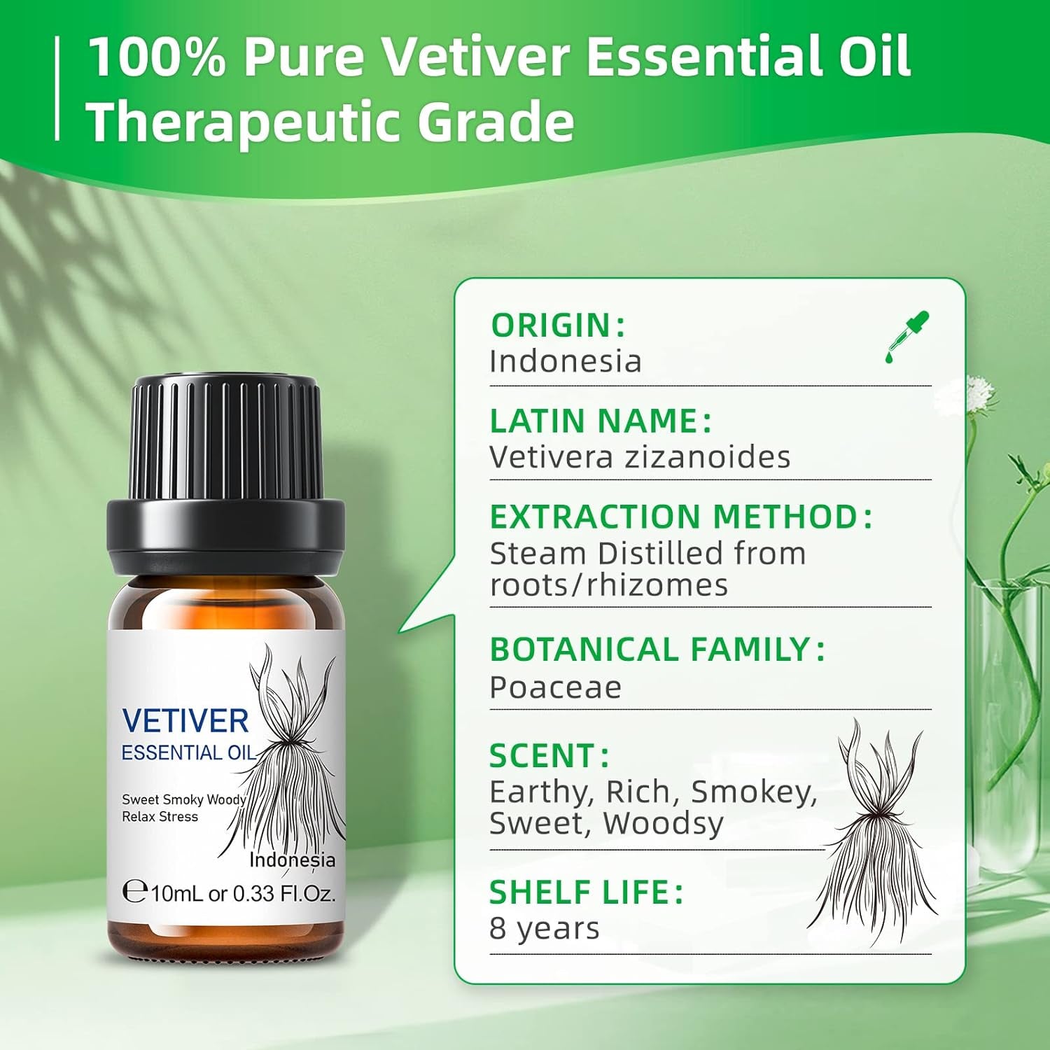 Vetiver Essential Oil,100% Pure Natural for Diffuser,Massage,Skin Care- 10Ml