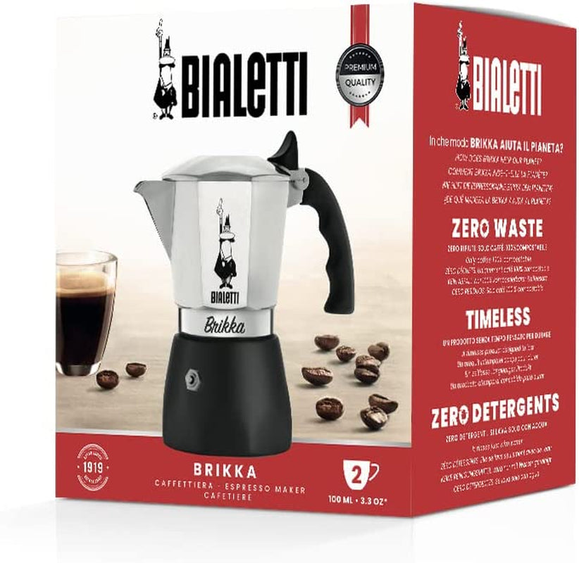 - New Brikka, Moka Pot, the Only Stovetop Coffee Maker Capable of Producing a Crema-Rich Espresso, 2 Cups (3,4 Oz), Aluminum and Black