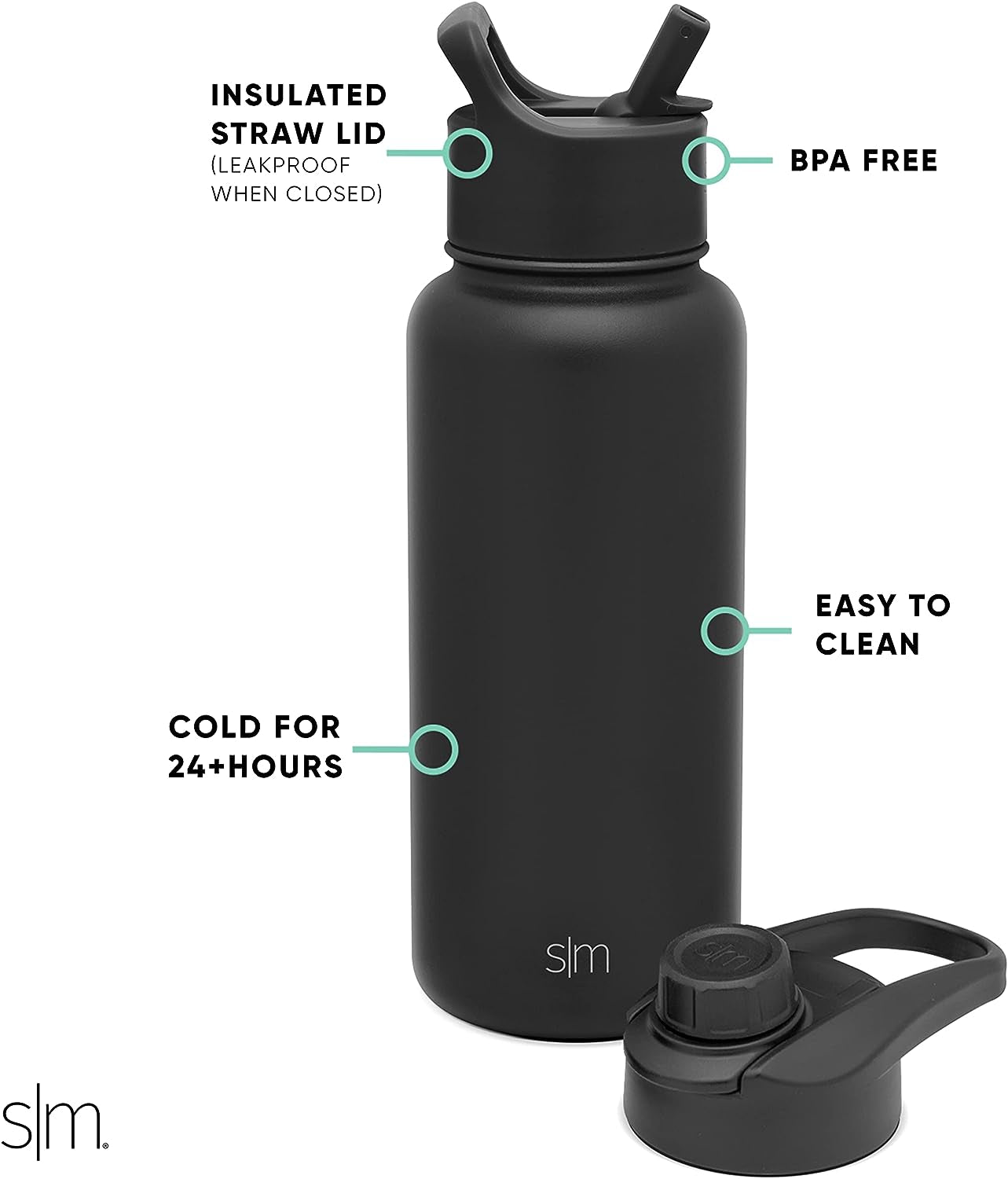 Water Bottle with Straw and Chug Lid Vacuum Insulated Stainless Steel Metal Thermos Bottles | Reusable Leak Proof Bpa-Free Flask for Sports Gym Summit Collection 32Oz, Midnight Black