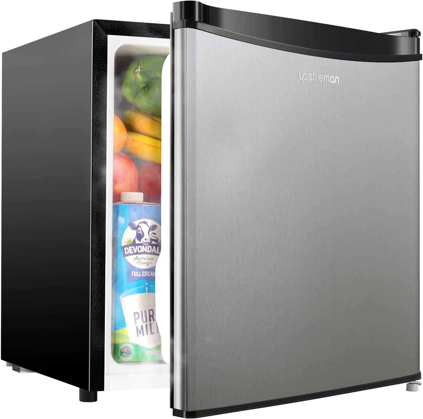 1.7 Cu.Ft Mini Fridge with Freezer, Adjustable Thermostat, Energy Saving, Low Noise, Single Door Compact Refrigerator for Dorm, Office, Bedroom, Stainless- FR17