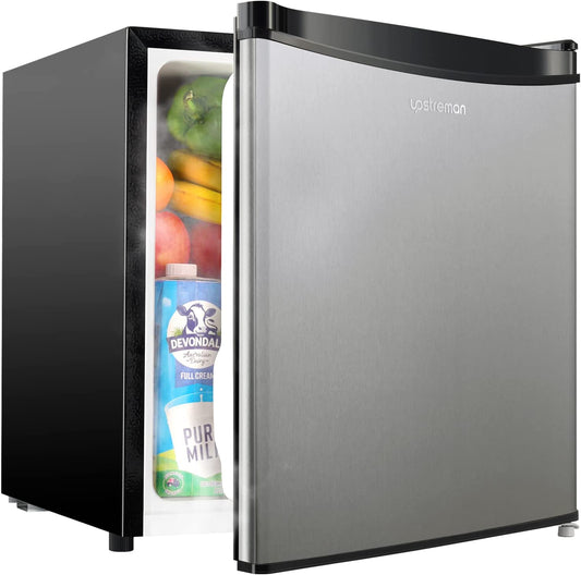 1.7 Cu.Ft Mini Fridge with Freezer, Adjustable Thermostat, Energy Saving, Low Noise, Single Door Compact Refrigerator for Dorm, Office, Bedroom, Stainless- FR17