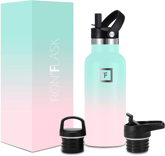 Sports Water Bottle - 16 Oz - 3 Lids (Narrow Straw Lid) Leak Proof Vacuum Insulated Stainless Steel - Hot & Cold Double Walled Insulated Thermos, Durable Metal Canteen