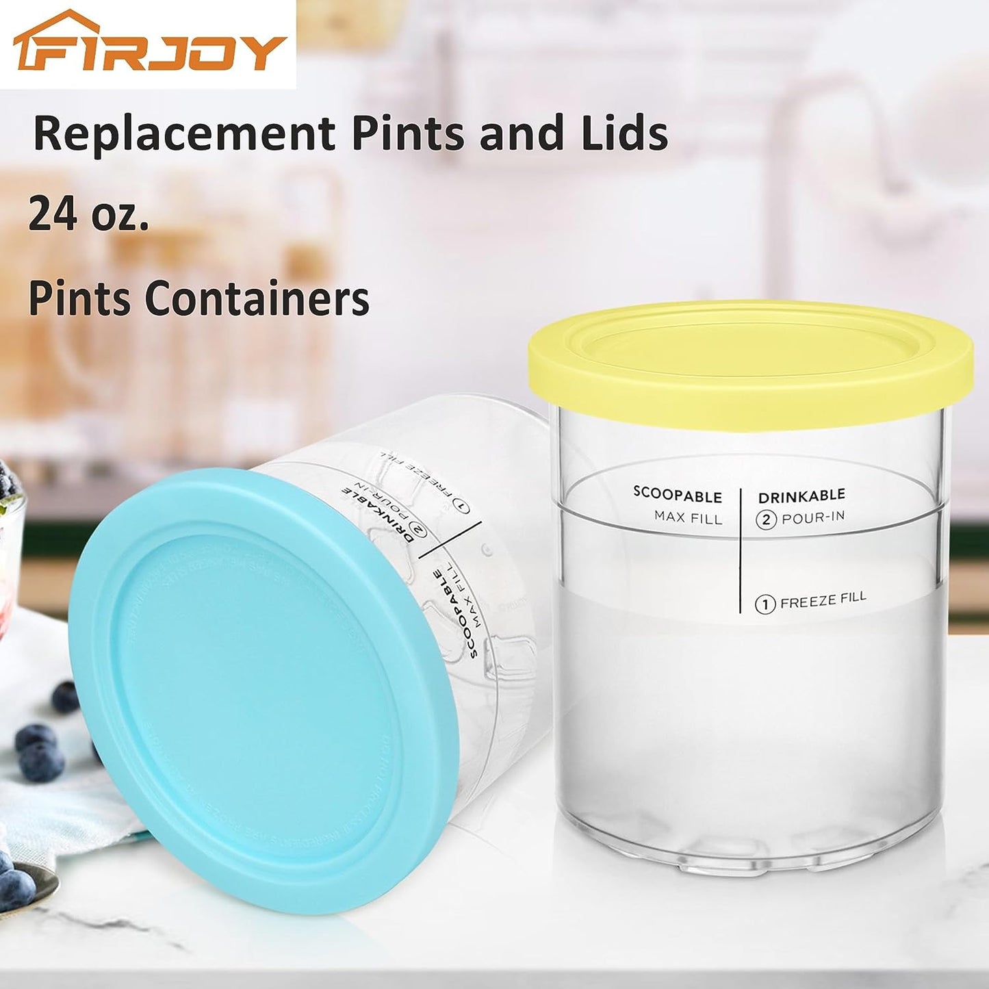 24 Oz. Containers | Extra Replacement Pints and Lids - Compatilbe with Ninja Creami NC501, NC500 Series/Deluxe 11-In-1 Ice Cream Maker (2 Pack - Blue, Yellow)