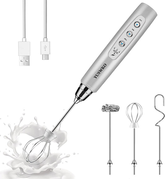 Rechargeable Milk Frother Handheld with 3 Heads, Silver Coffee Electric Whisk Drink Foam Mixer, Mini Hand Stirrer with 3 Speeds Adjustable for Latte, Cappuccino, Hot Chocolate, Egg