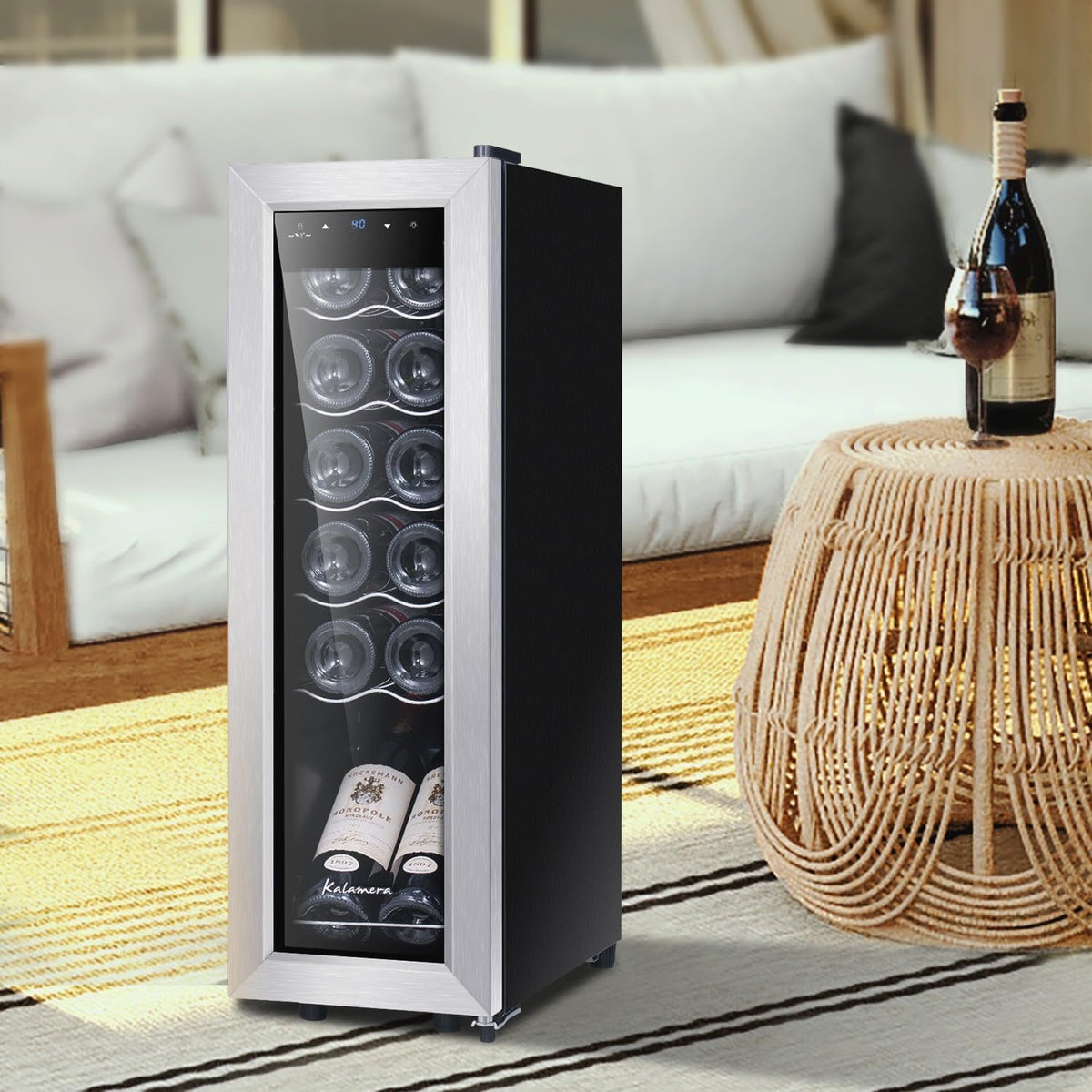 Mini Fridge Compressor Cooler, 12 Bottles Wine Refrigerator, Freestanding Wine Cellar 41F-64F One Touch Temperature Control, for Home, Office or Bar.
