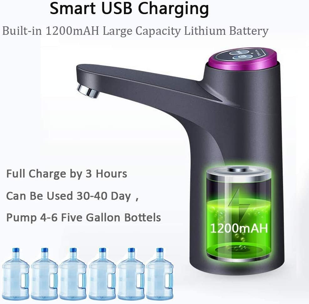 water Dispenser, Portable Water Bottle Pump for Universal 3, 4 and 5 Gallon with USB Electric Charging and Automatic off Switch (Black)