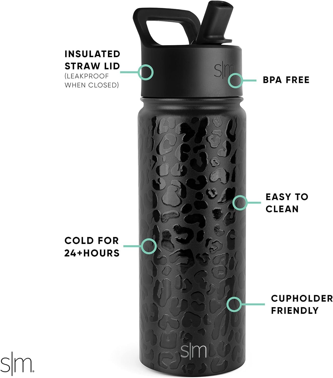 Water Bottle with Straw Lid Vacuum Insulated Stainless Steel Metal Thermos Bottles | Reusable Leak Proof Bpa-Free Flask for School | Summit Collection | 18Oz, Black Leopard