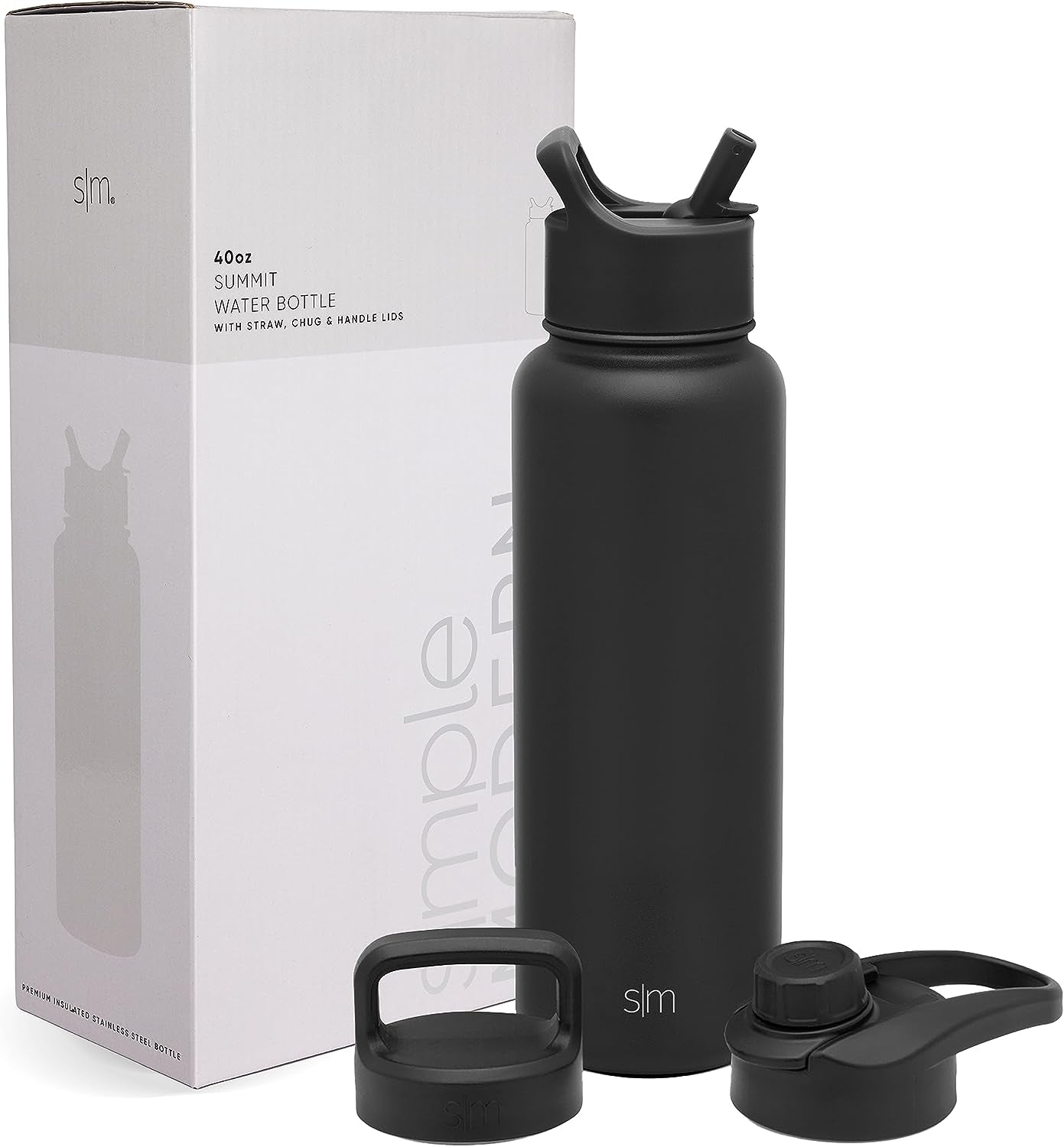Water Bottle with Straw, Handle, and Chug Lid Vacuum Insulated Stainless Steel Metal Thermos Bottles | Large Leak Proof Bpa-Free Flask for Gym | Summit Collection | 40Oz, Midnight Black