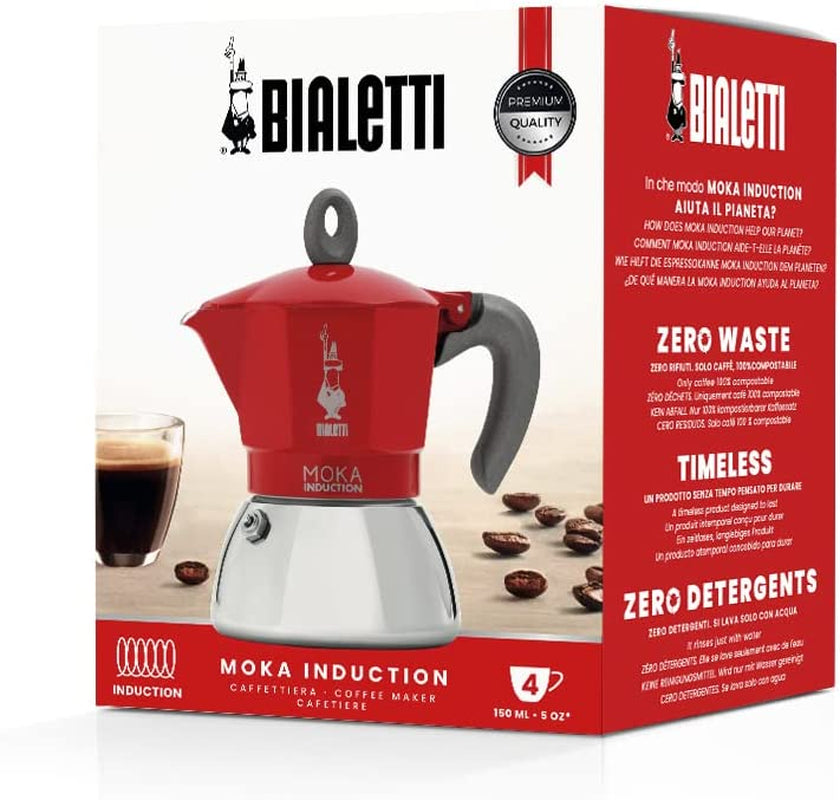 - Moka Induction, Moka Pot, Suitable for All Types of Hobs, 4 Cups Espresso (5.7 Oz), Red