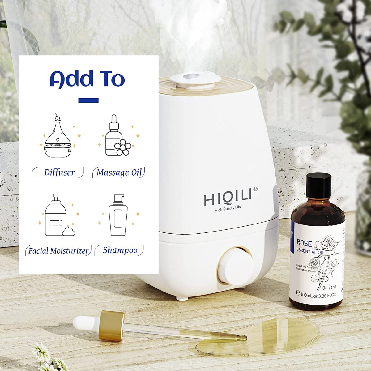 Rose Oil Fragrance Essential Oil, Premium Grade for Diffuser, Skin, Hair, Candle Making, Soap Making,Large Bottle with Dropper & Gift Box- 3.38 Oz