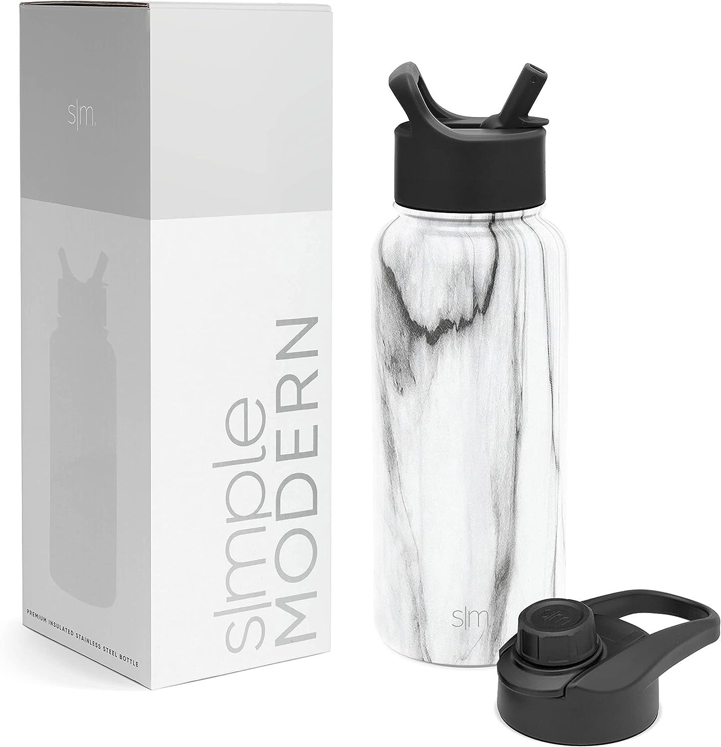 Water Bottle with Straw and Chug Lid Vacuum Insulated Stainless Steel Metal Thermos Bottles | Reusable Leak Proof Bpa-Free Flask for Gym Sports | Summit Collection | 32Oz, Carrara Marble