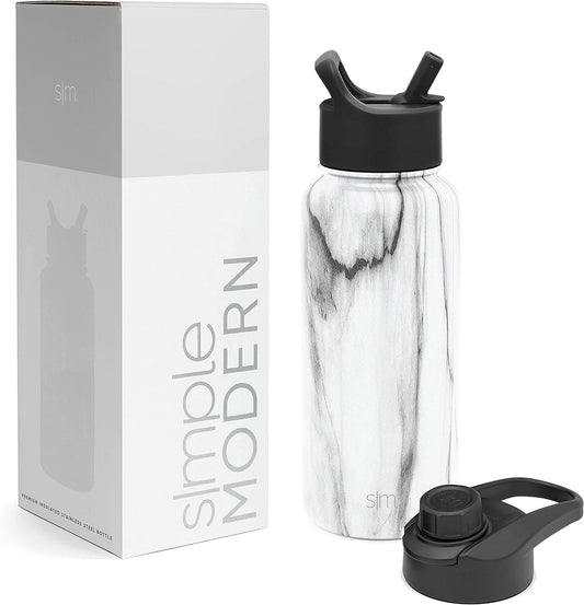 Water Bottle with Straw and Chug Lid Vacuum Insulated Stainless Steel Metal Thermos Bottles | Reusable Leak Proof Bpa-Free Flask for Gym Sports | Summit Collection | 32Oz, Carrara Marble