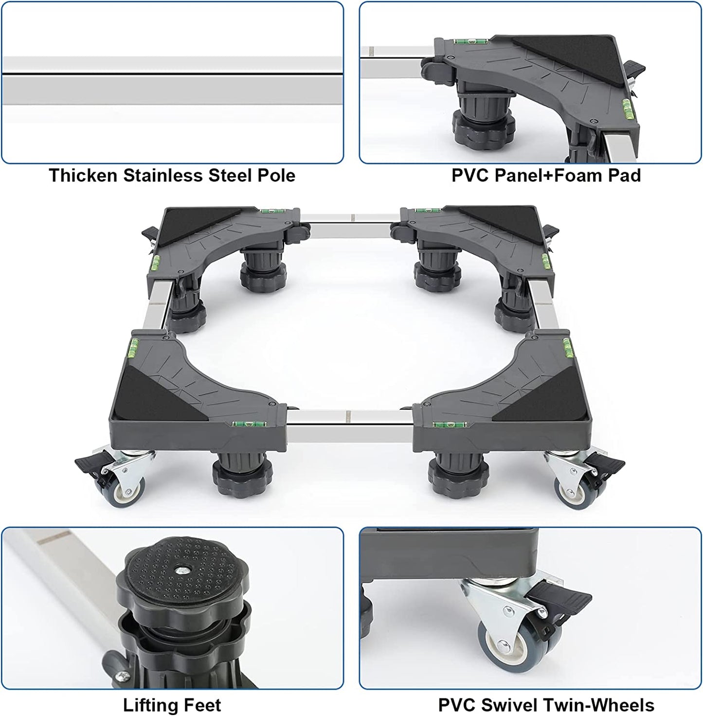WBD WEIBIDA Washing Machine Base Stand with 4 Locking Wheels & 8 Strong Feet, Mini Fridge Stand Adjustable Flat Dolly Cart Mobile Base for Washer, Dryer, Refrigerator, Furniture and Appliance