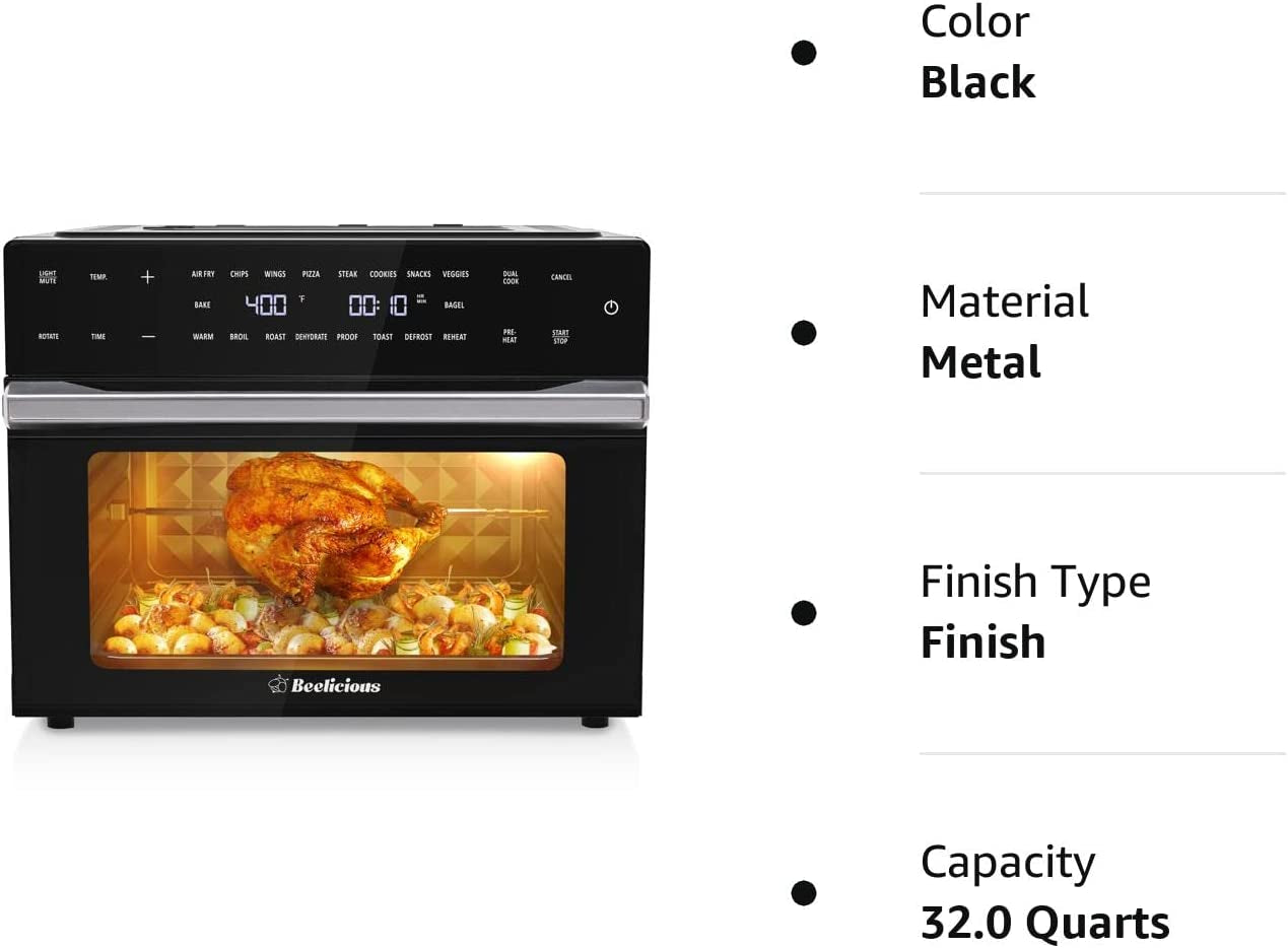 32QT Extra Large Air Fryer, 19-In-1 Air Fryer Toaster Oven Combo with Rotisserie and Dehydrator, Digital Convection Oven Countertop Airfryer Fit 13" Pizza, 6 Accessories, 1800W, Black