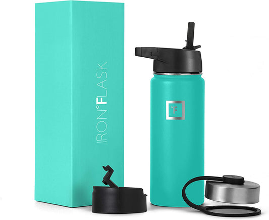 Sports Water Bottle - 18 Oz, 3 Lids (Straw Lid), Leak Proof, Vacuum Insulated Stainless Steel, Double Walled, Thermo Mug, Metal Canteen