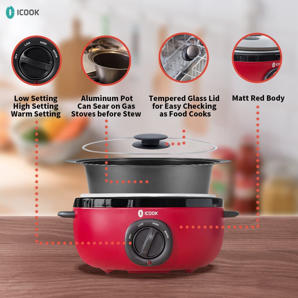 USC-35-OP001RD 3.5 Quart Slow Cooker,Aluminium Sear/Sauté Stew Pot Stovetop Safe,Dishwasher Safe,Glass Lid,Adjustable Temp,Food Warmer,Red