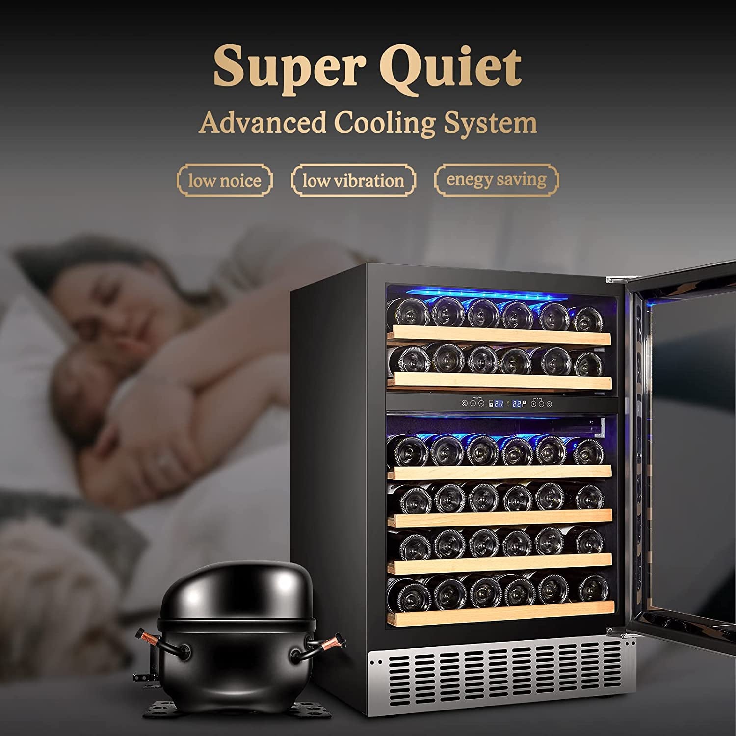 【Upgraded】 24 Inch Dual Zone Wine Cooler 46 Bottle Freestanding and Built in Wine Refrigerator with Advanced Cooling System, Quiet Operation, Blue Interior Light | Easily Store Larger Bottles