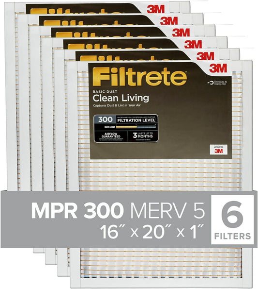 16X20X1 Air Filter, MPR 300, MERV 5, Clean Living Basic Dust 3-Month Pleated 1-Inch Air Filters, 6 Filters
