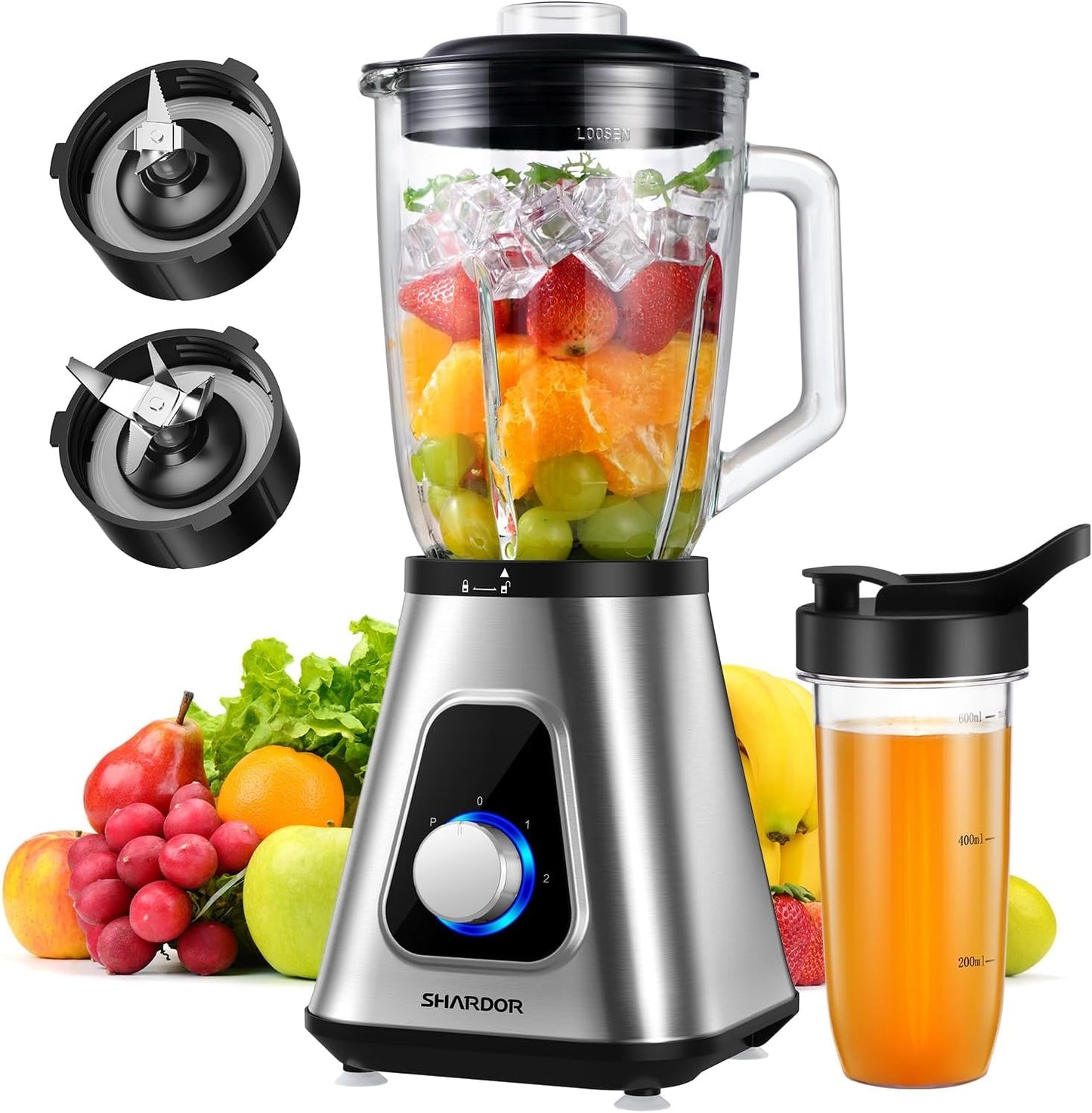 1200W Blender for Shake and Smoothies, Countertop Blender and Personal Blender Combo, 52Oz Glass Jar, 22Oz Travel Cup + 3 Adjustable Speed Control for Frozen Fruit Drinks, Smoothies, Sauces, Sliver
