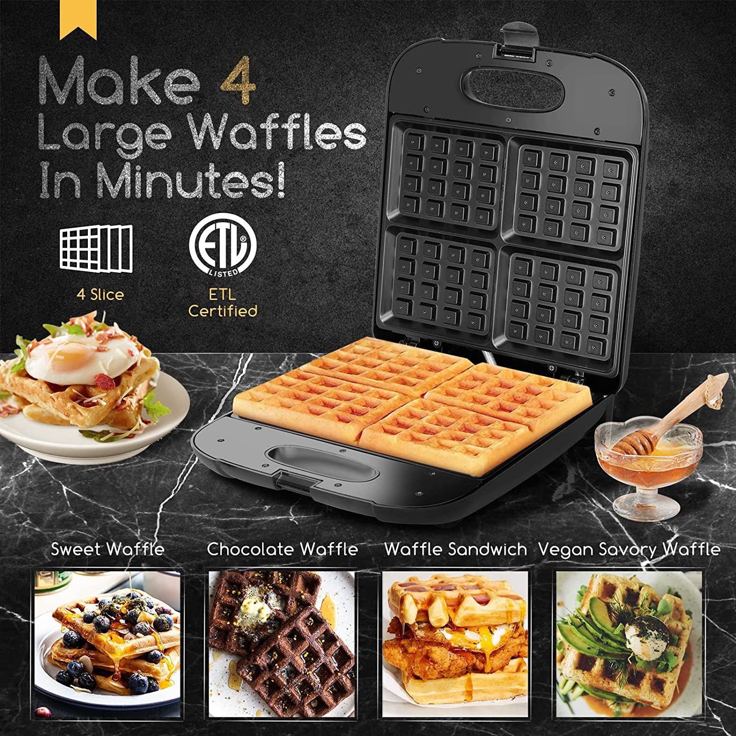Waffle Maker, 4-Slice Nonstick Waffle Iron, 1400W Square Waffle Machine with Indicator Lights for Hash Browns, Snacks, Breakfast & Lunch, Easy to Clean, PFOA Free, ETL Certificated, Black
