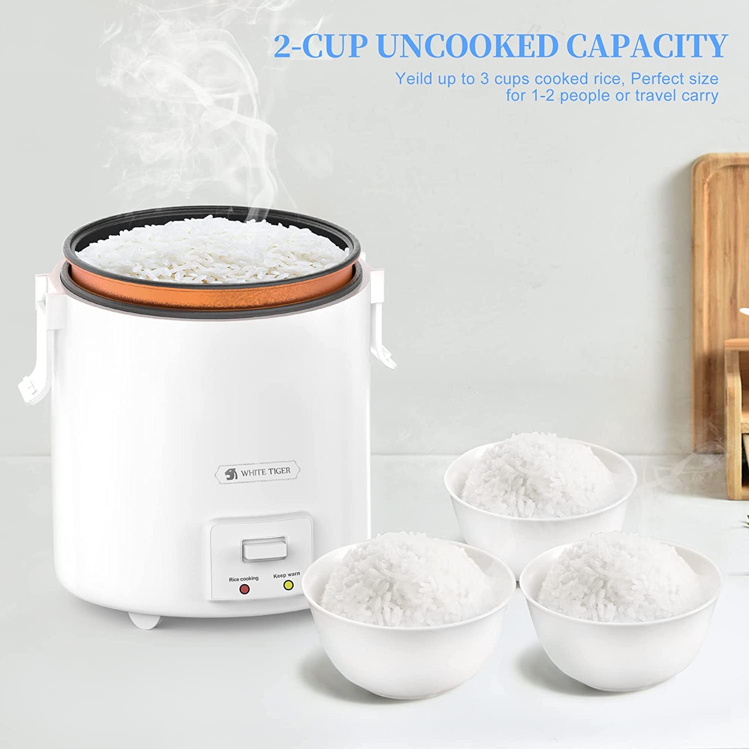 1.0L Mini Rice Cooker, 2 Cups Uncooked WHITE TIGER Portable Travel Steamer Small,15 Minutes Fast Cooking, Removable Non-Stick Pot, Keep Warm, Suitable for 1-2 People - for Cooking Soup, Rice, Stews & Oatmeal