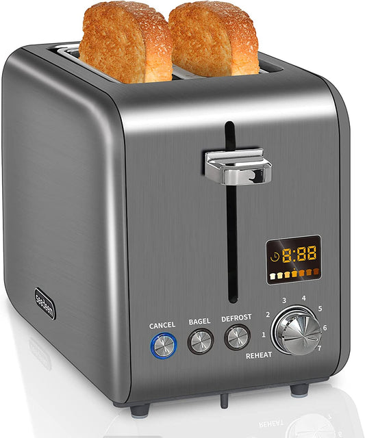 Toaster 2 Slice, Stainless Steel Bread Toaster with Colorful LCD Display, 7 Bread Shade Settings, 1.4'' Wide Slots Toaster with Bagel/Defrost/Reheat Functions, Removable Crumb Tray, 900W, Dark Metallic
