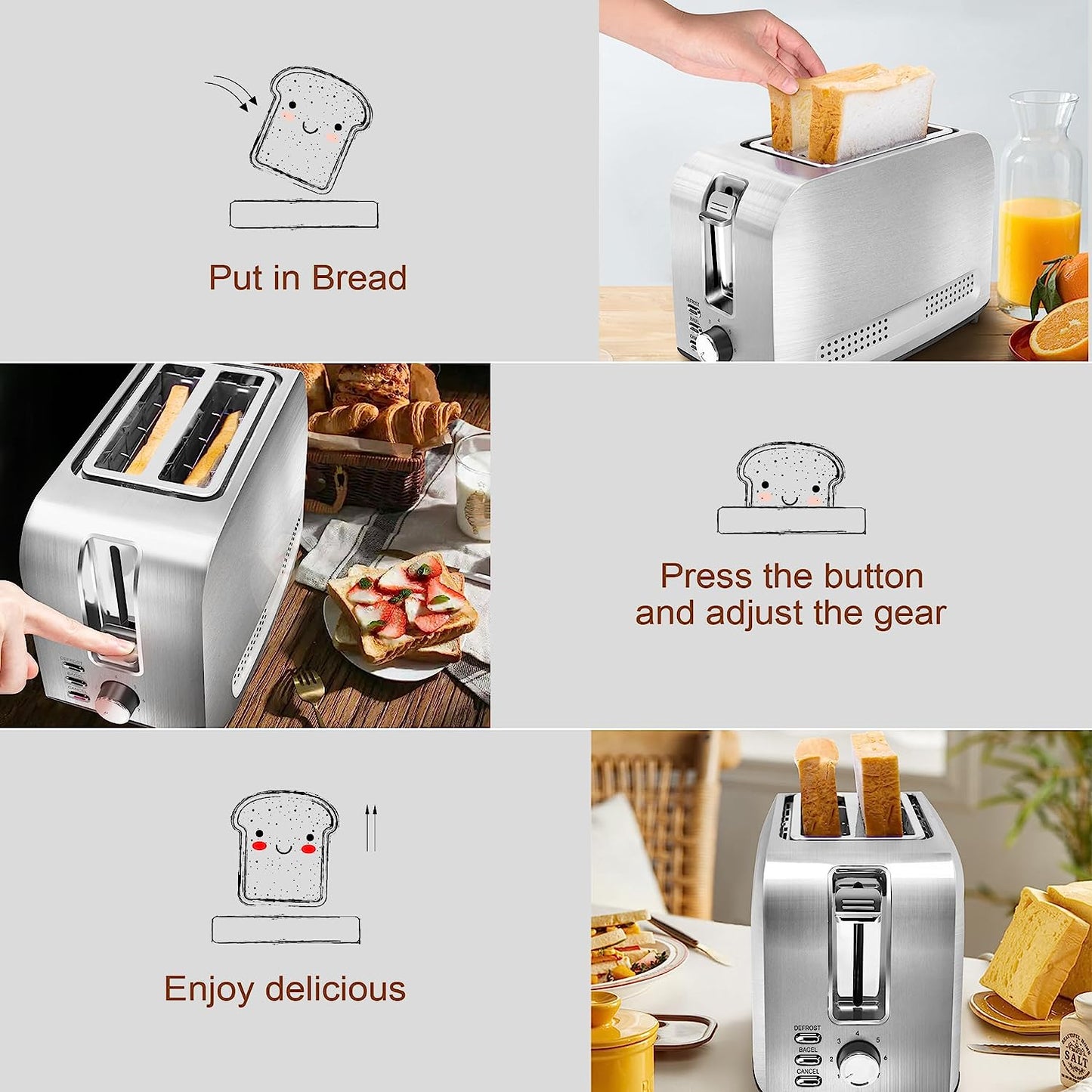 2 Slice Slot Toaster, Stainless Steel, Extra-Wide Slot Toaster with 7 Shade Settings, Silver Metallic