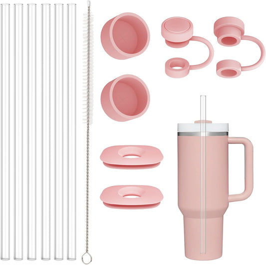 Replacement Straw Cover Spill Stopper Accessories for Stanley Cup 40 Oz 30 Oz Quencher, Tumbler Accessories of 6 Clear Straw with Cleaning Brush, 2 Silicone Cover Cap, 4 Leak Sproof Plug for Stanley