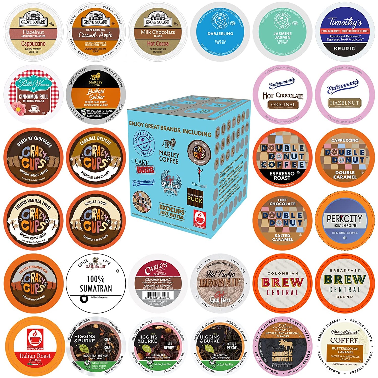 Variety Pack of Coffee, Tea, Hot Chocolate and Cappuccino, Sampler of Single Serve Coffee, Tea, Hot Cocoa and Cappuccino Pods for Keurig K Cups Machines, 30 Pack - No Duplicates