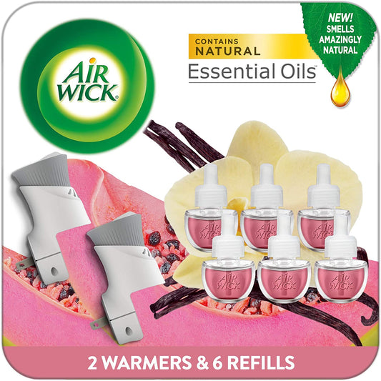 Plug in Scented Oil Starter Kit, 2 Warmers + 6 Refills, Vanilla & Pink Papaya, Essential Oils, Air Freshener