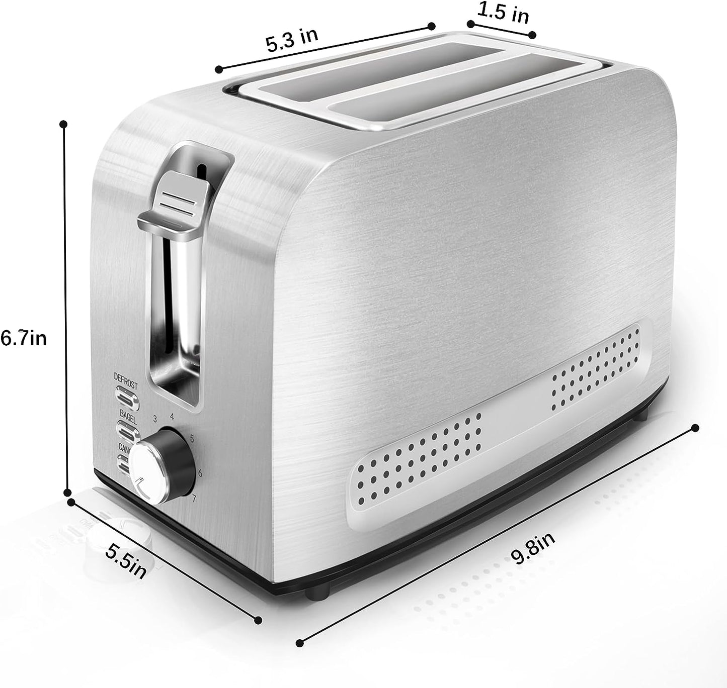 2 Slice Slot Toaster, Stainless Steel, Extra-Wide Slot Toaster with 7 Shade Settings, Silver Metallic