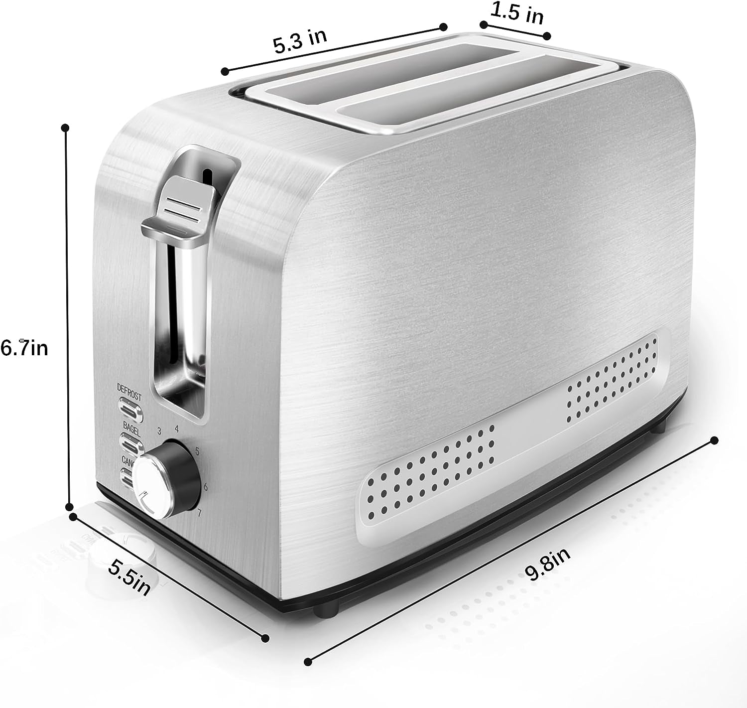 2 Slice Slot Toaster, Stainless Steel, Extra-Wide Slot Toaster with 7 Shade Settings, Silver Metallic