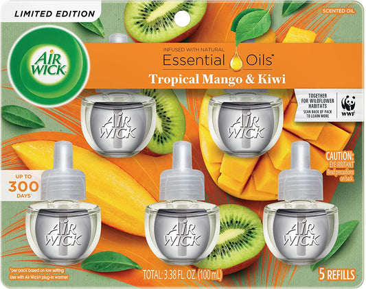 Plug in Scented Oil Refill, 5 Ct, Fresh Mango & Kiwi, Air Freshener, Essential Oils, Spring Collection