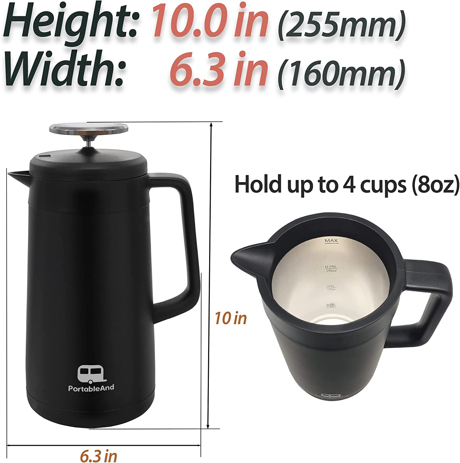 34Oz Double Vacuum Insulation Large Silicone French Press Coffee Maker, 5-Level Filtration, Metal Stainless Steel, Matte Black, Perfect for Camping, Travel, and At-Home Use