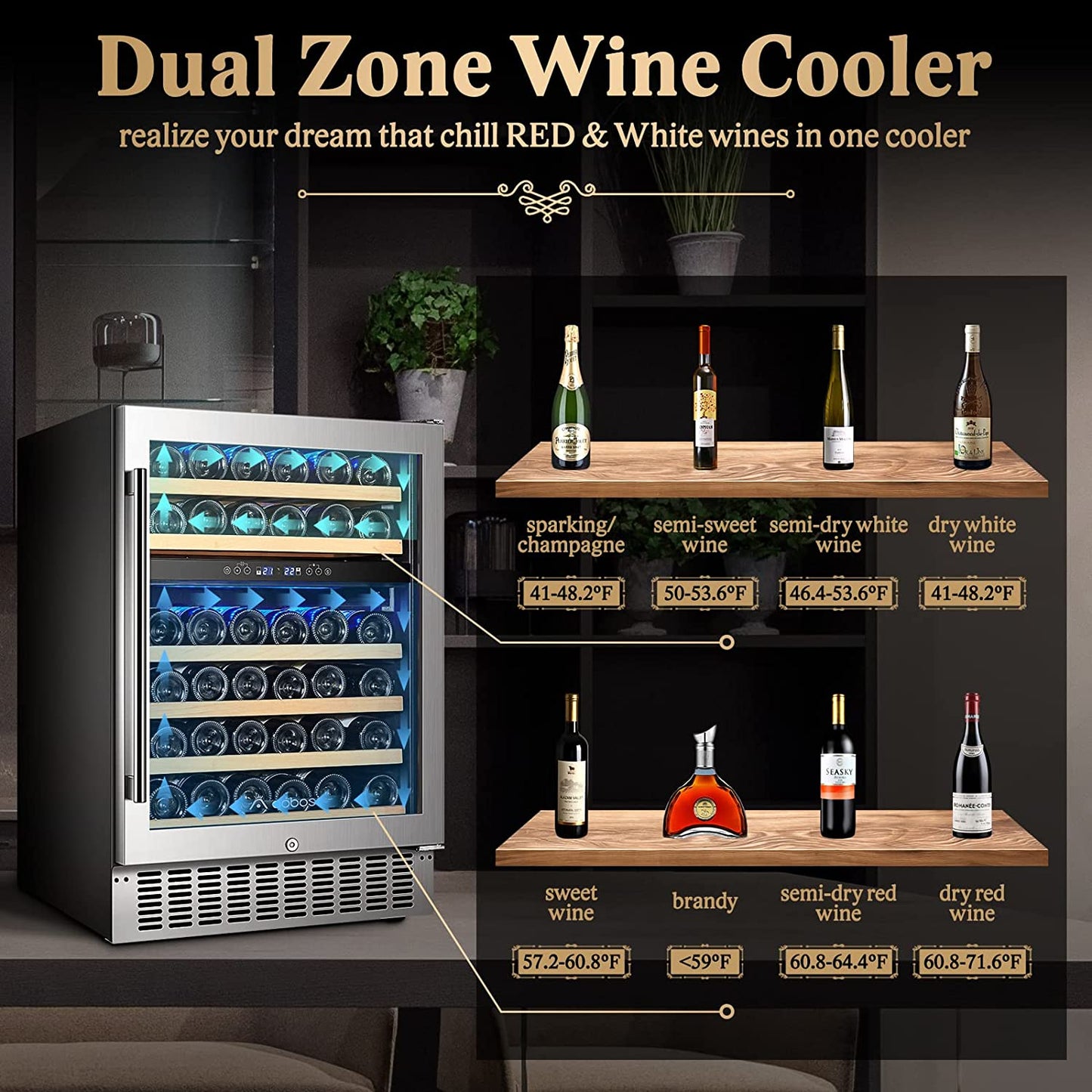 【Upgraded】 24 Inch Dual Zone Wine Cooler 46 Bottle Freestanding and Built in Wine Refrigerator with Advanced Cooling System, Quiet Operation, Blue Interior Light | Easily Store Larger Bottles