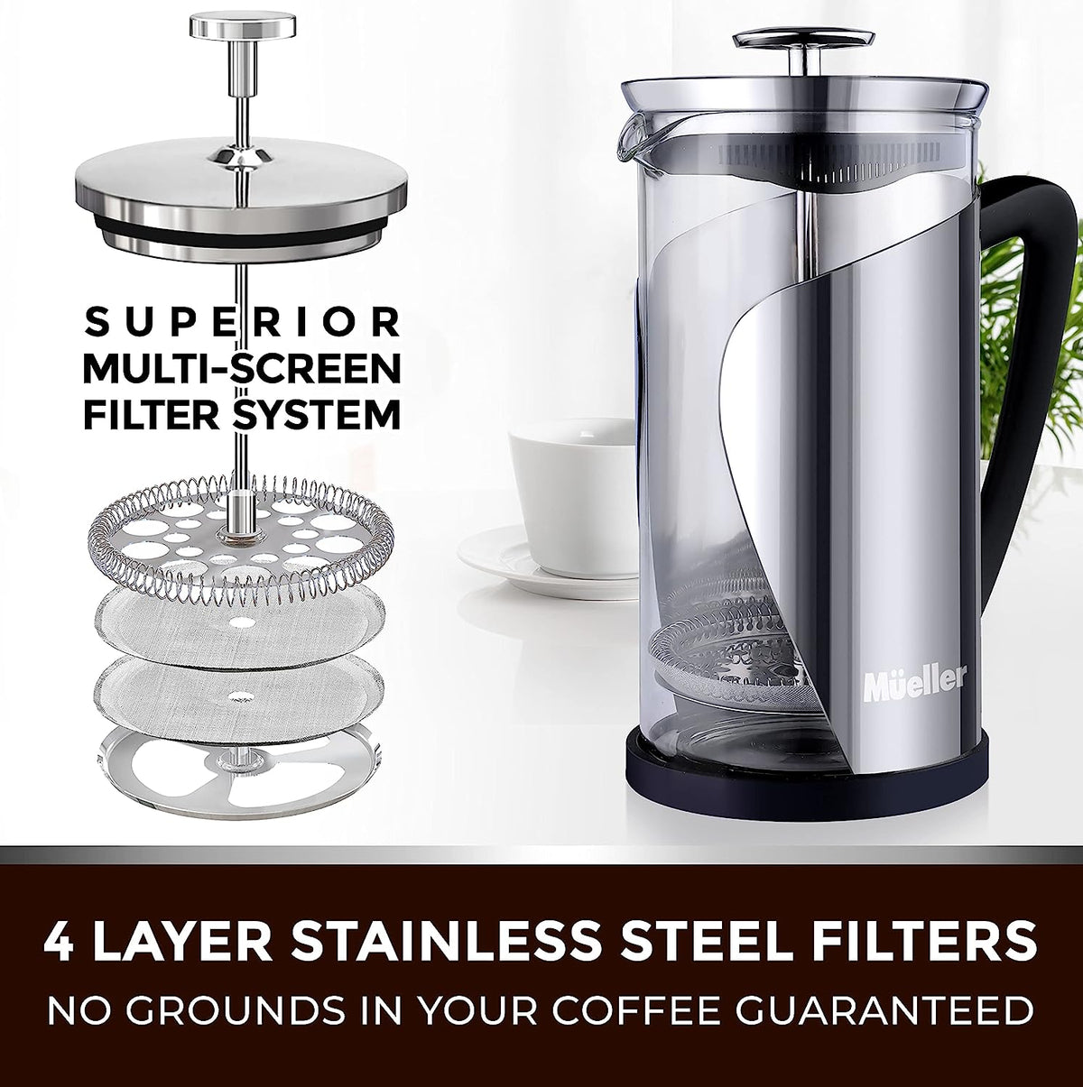 Mueller French Press Coffee, 20% Heavier Duty Stainless Steel Frame & Trumax Borosilicate Glass Coffee Press with 4 Level Filtration System, Easy Clean, 34Oz-8 Cups