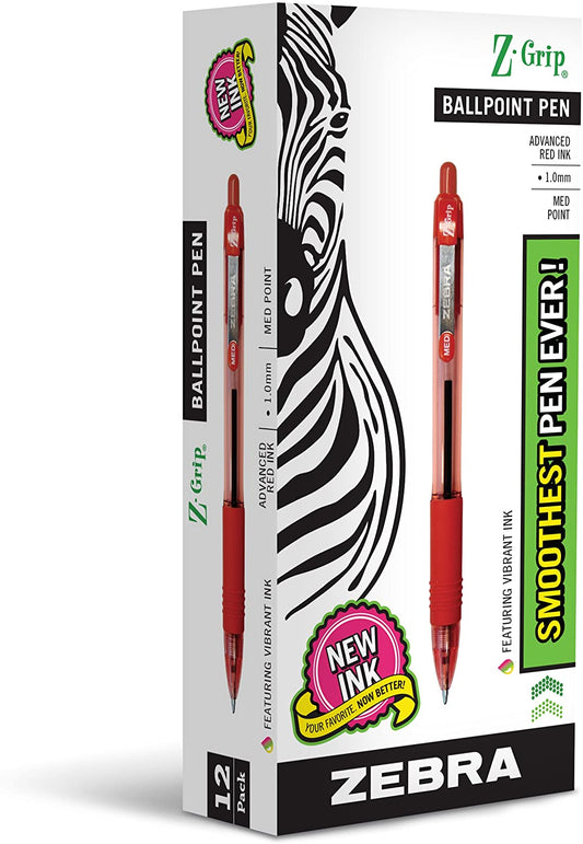 Zebra® Z-Grip™ Retractable Ballpoint Pens, Medium Point, 1.0 Mm, Clear Barrel, Red Ink, Pack of 12
