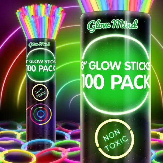 100 Ultra Bright Glow Sticks Bulk - Halloween Glow in the Dark Party Supplies Pack - 8" Glowsticks Party Favors with Bracelets and Necklaces