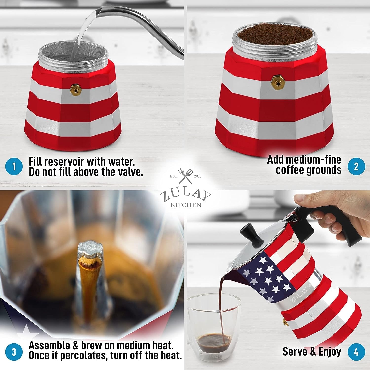 Zulay Classic Italian Style 5.5 Espresso Cup Moka Pot, Classic Stovetop Espresso Maker for Great Flavored Strong Espresso, Makes Delicious Coffee, Easy to Operate & Quick Cleanup Pot (American Flag)