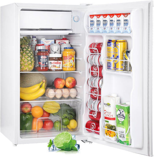 3.2 Cu.Ft Mini Fridge with Freezer, Single Door Mini Fridge, Adjustable Thermostat, Mini Refrigerator for Dorm, Office, Bedroom, White-Br321