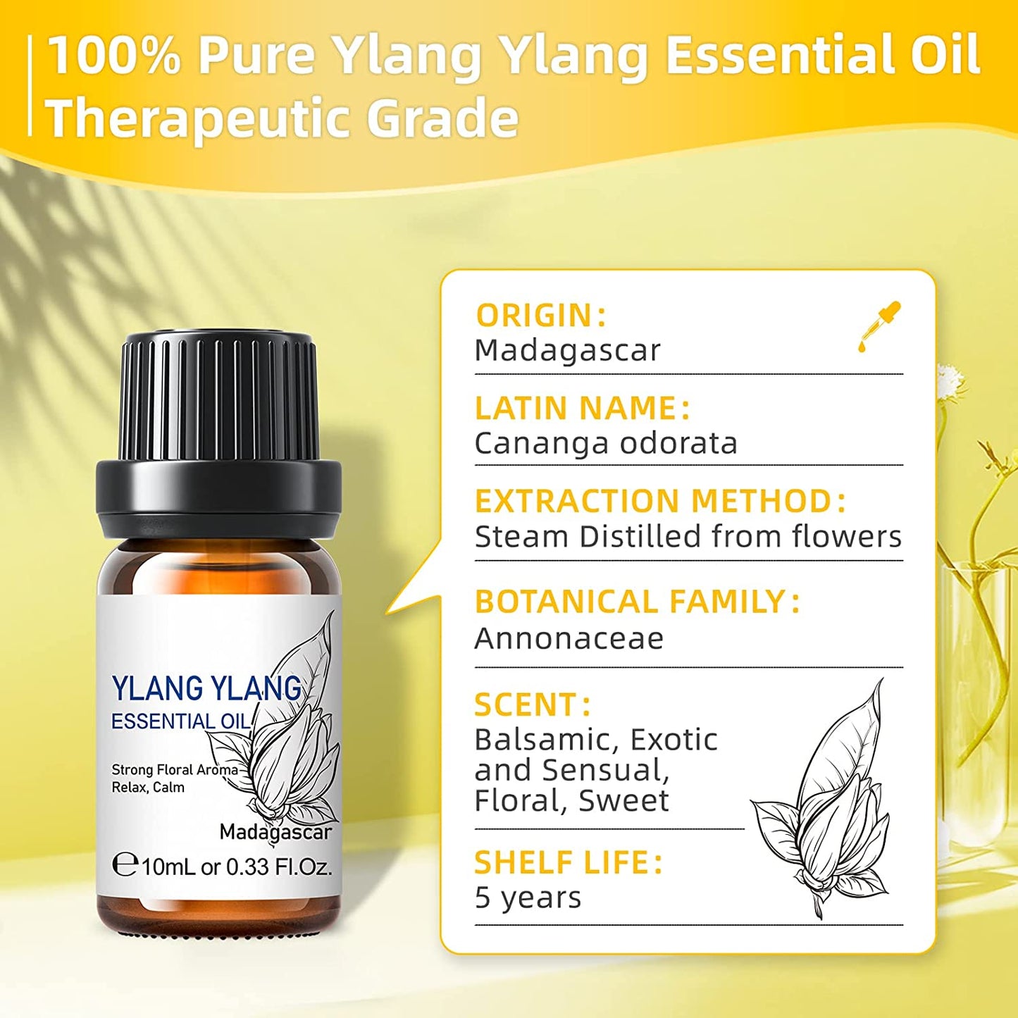 Ylang Ylang Essential Oil, Fragrance and Lasting for Diffuser,Aromatherapy,Massage-10Ml