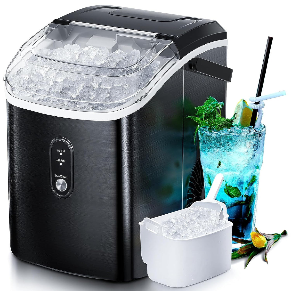 Nugget Countertop Ice Maker with Soft Chewable Pellet Ice, Pebble Portable Ice Machine, 34Lbs per Day, Self-Cleaning, Sonic Ice, One-Click Operation, for Kitchen,Office Stainless Steel Black
